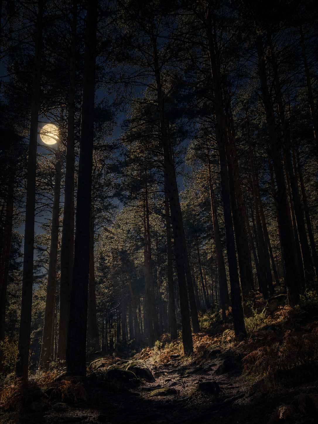 Luna llena entre los pinos del El Espinar de noche